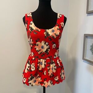Anthropologie Postage Stamp Red Floral Peplum Top-Cut-Out & Scalloped Hem EUC